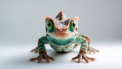 Poster - Against a white background, the chameleon observes the camera.