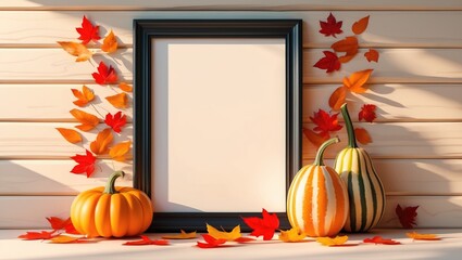 Wall Mural - Autumn still life featuring pumpkins and vibrant foliage. Positioned against a white wooden wall. Bright colors. Area for text.