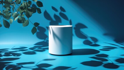Poster - Empty white round podium and shadows on dark blue background. Display for product presentation. Pedestal for beauty cosmetic advertising. Minimalist still life. Front view. Square photograph.