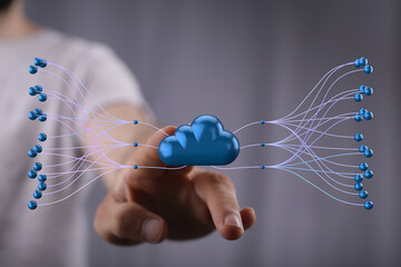 Poster - High-tech image depicting cloud computing, network connections, and data transfer.