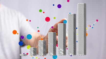 Aufkleber - Stock photo of a hand interacting with a 3D bar graph showing growth.  Ideal for business, finance, and technology concepts.