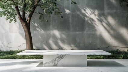 Poster - background for product presentation and mockup white marble table with tree shade on textured concre