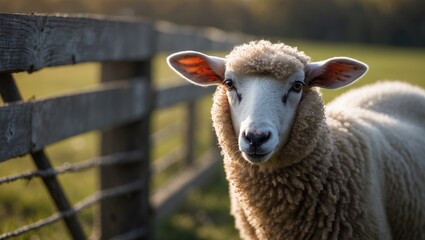 Wall Mural - A sheep, which is white with a black face spot, is standing inside a pen surrounded by a fence.