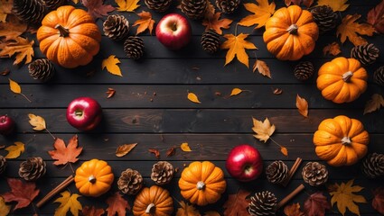 Wall Mural - Autumn decoration concept crafted from leaves and pumpkin on a dark wooden background. Flat lay, top view with space for text.