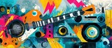 Colorful abstract music art featuring guitar and boombox with vibrant geometric shapes Concept of musical expression, creativity, and retro sound