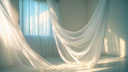 Wall Mural - A bright white curtain illuminated by sunlight in a tidy room