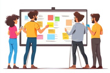 Poster - Four professionals engage in a team meeting analyzing data and workflow processes displayed on a large interactive whiteboard during daytime in an office