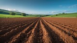 Agricultural scenery featuring a newly planted potato crop in chalky soil near Sledmere under a blue summer sky in the Yorkshire Wolds.