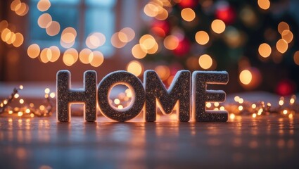 Poster - Abstract bokeh background featuring Christmas glittering effects with the word Home. Cozy residence. Warmth and coziness. Blurred background with bokeh.