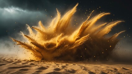 Poster - a golden sand eruption set against a dark background. an abstract depiction of a cloud. a golden-col