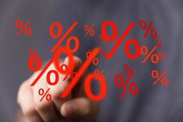 Poster - Image of hand interacting with percentage symbols, ideal for sales, discounts, finance, and marketing.