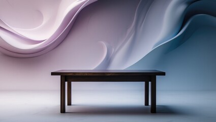 Poster - an unoccupied dark wooden table positioned before a bokeh-style abstract background.