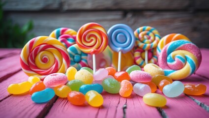 Poster - A pink wooden backdrop is combined with sweets in a rainbow of hues, such as lollipops, jelly, and other candies.