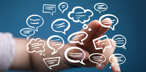 Leinwandbilder - Abstract image of a hand interacting with digital speech bubbles, representing communication and ideas.