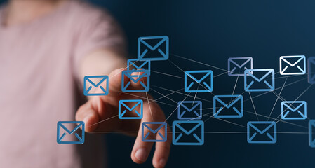 Poster - Hand interacting with digital email icons, representing global communication and networking.