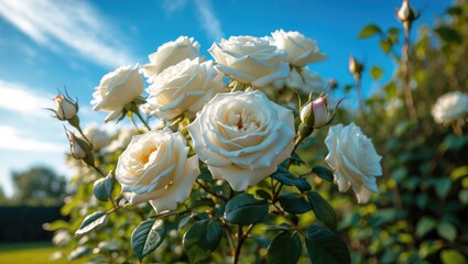 Poster - a white rose bush up close. a blooming plant in the yard beneath a blue sky and bright sunlight. stu