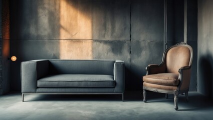 Poster - An industrial-style apartment features a gray couch and an armchair positioned against a dark cement wall.