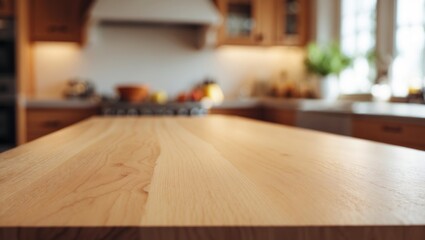 Poster - abstract defocussed blurred background of empty wooden table and modern kitchen setting, product pre