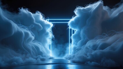 Poster - An abstracted image of a gateway with smoky clouds shaping it against a black background. In the haze, blue neon lights glow.