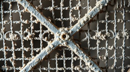 Macro view of a rusty, weathered metal grate with a fine mesh, covered in corroded material, creating an aged and textured surface
