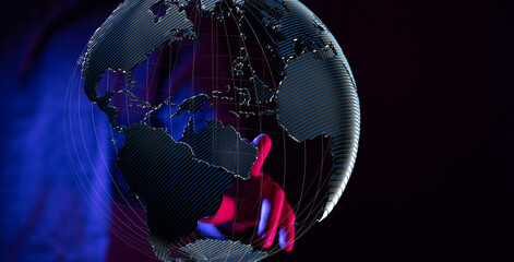 Poster - Abstract image of a hand interacting with a digital globe, symbolizing global connectivity and networking.