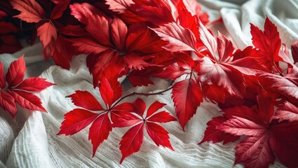 Wall Mural - Red autumn leaves on fabric background. Autumn leaves with white textile.