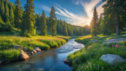 Poster - a peaceful creek flowing through a dense spruce forest and a lush alpine meadow.