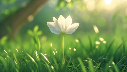 close-up of a lone white flower bowed in the light summer breeze, with a blurry background suggestin