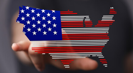 Poster - Abstract image of the US map designed with the American flag. Patriotism, digital art, technology.
