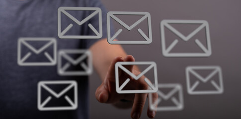 Poster - Hand interacting with email icons, digital inbox, email management, communication.