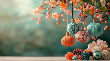 Poster - Close up image of handcrafted decorative ornaments featuring intricate patterns and a variety of bright festive colors hanging against a softly blurred natural backdrop with copy space