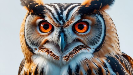 A mesmerizing close-up of a Eurasian eagle-owl, highlighting its vivid orange eyes and detailed feather patterns.
