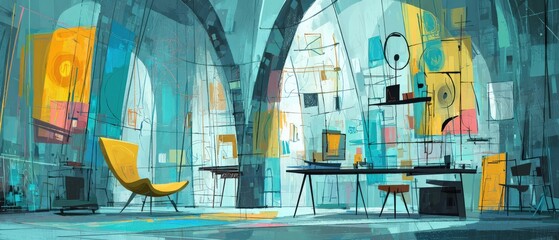 Wall Mural - abstract office interior with modern furniture and arched windows in teal and yellow palette, evokin