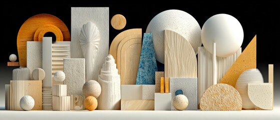 Wall Mural - abstract geometric composition with natural stone, wood, and marble textures in neutral tones concep