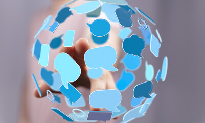 Aufkleber - Abstract image of speech bubbles surrounding a hand, symbolizing global communication and connection.