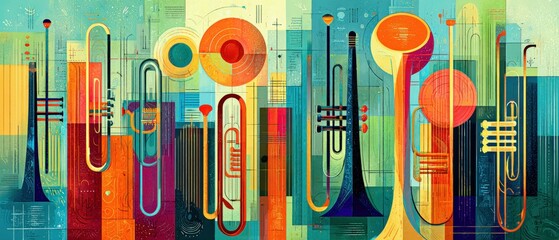 Wall Mural - colorful abstract jazz music art featuring trumpets, trombones, and tubas in a vibrant, modern desig