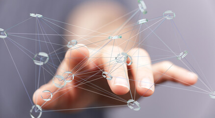Aufkleber - Abstract image of a hand interacting with a digital network, representing connection and technology.