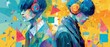© Fernando - Artistic portrait of two Asian teenagers with headphones in vibrant abstract style, showcasing music and youth culture Concept of digital art, creativity, and modern lifestyle