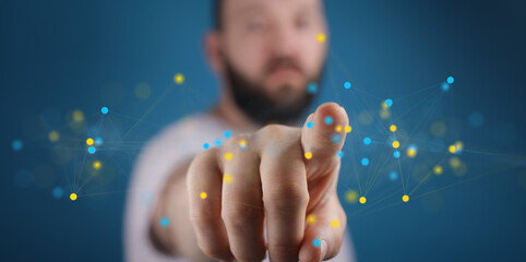 Aufkleber - Close-up of a man's finger pointing at a digital network, showcasing connectivity and technology.