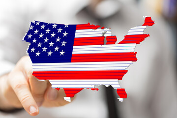 Poster - Hand pointing at a 3D map of the USA designed as the American flag. Perfect for patriotic themes.