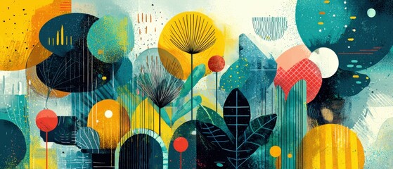 Poster - Vibrant abstract botanical illustration with geometric shapes and bold colors Modern art with floral elements and playful design Concept of creativity, nature, and imagination
