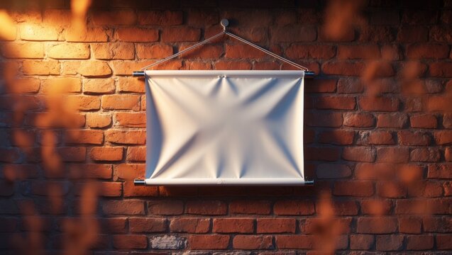 Blank area for text on vinyl banner set against a brick background.