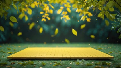 Poster - A minimalist contemporary yellow wood stage set against a background of falling green leaves for displaying products