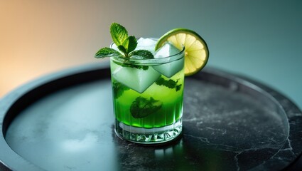 Poster - A mojito beverage is placed on a dark stone table, providing space for your content.