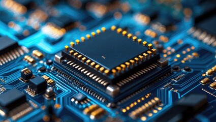 Aufkleber - A microprocessor located on a printed circuit board with surrounding auxiliary components, illuminated from behind through the board. Macro shot in dark tones.