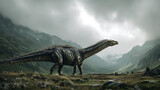 A majestic dinosaur traversing a misty valley, surrounded by towering mountains and dramatic clouds