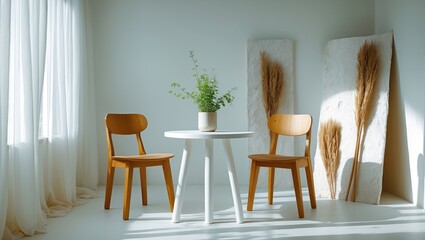 Poster - A comfortable area features a table with legs and two pieces of artwork nearby.