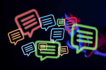 Aufkleber - Abstract image of colorful neon speech bubbles, representing communication, online chat, or social media.
