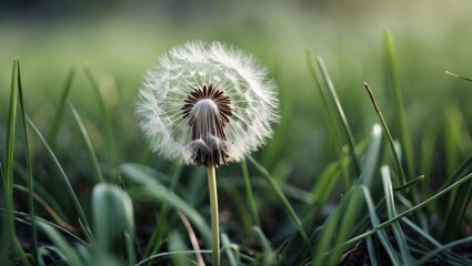 Poster - A delicate white dandelion puff stands elegantly among lush green grass, enticing a soft breeze to disperse its seeds.