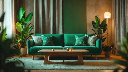Poster - A Comfortable and Fashionable Living Room Showcasing a Green Sofa and Lovely Indoor Plants